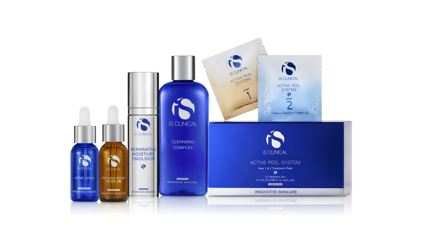 Skincare products including serums and peel system.