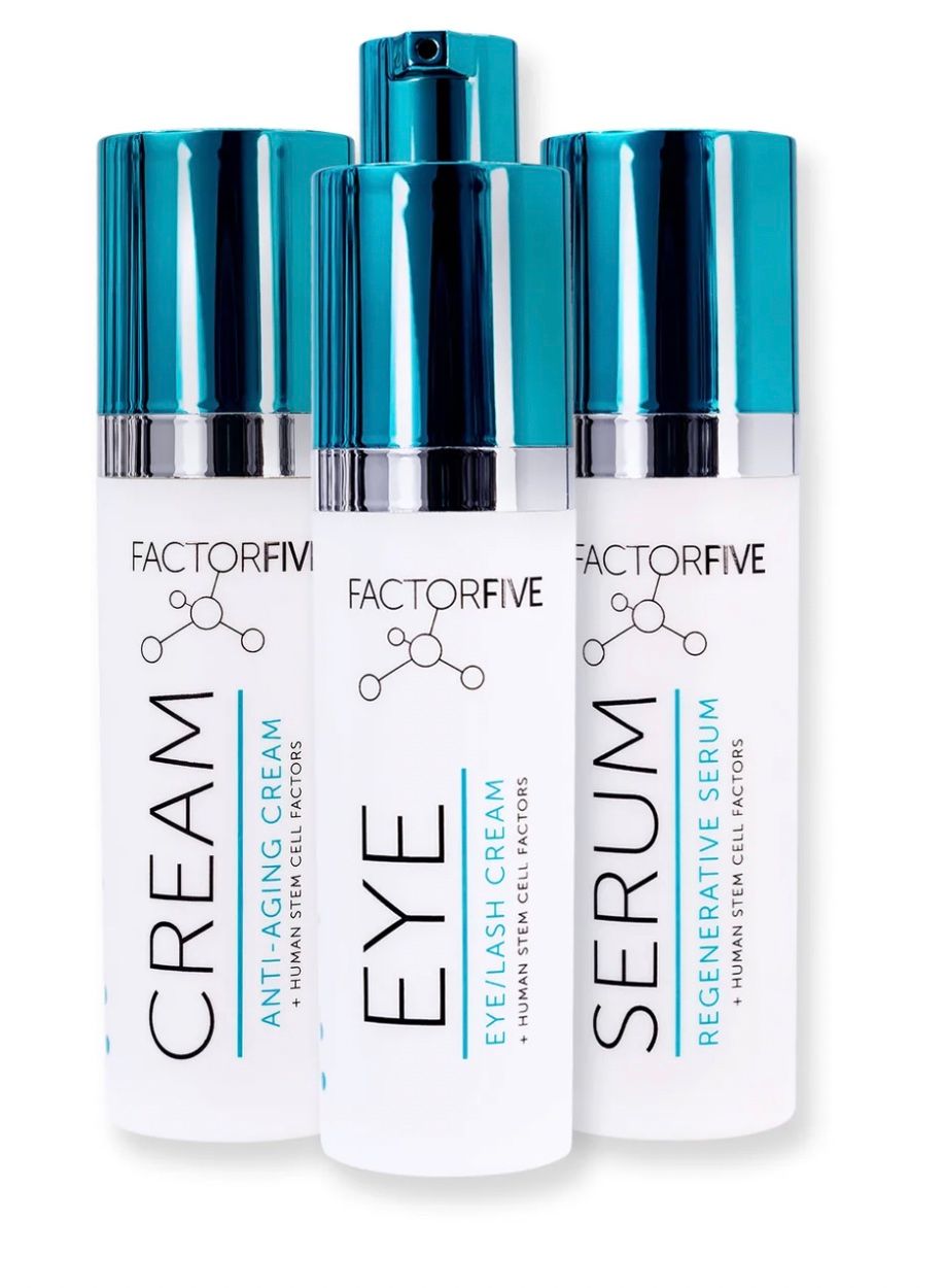 Skincare products: cream, eye, and serum.