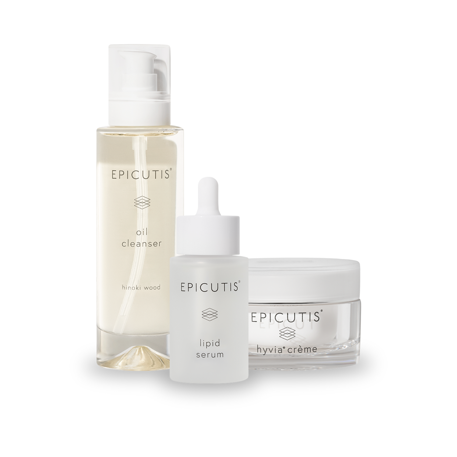 Epicutis skincare products: oil cleanser, serum, cream.