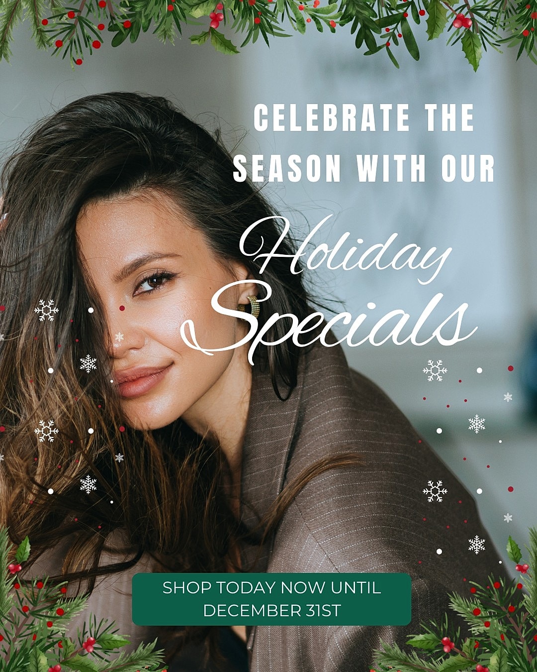 Holiday promotion featuring a smiling woman.